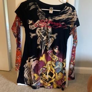 Ed Hardy Long Sleeve T Shirt with Sheer Tattoo Sleeve